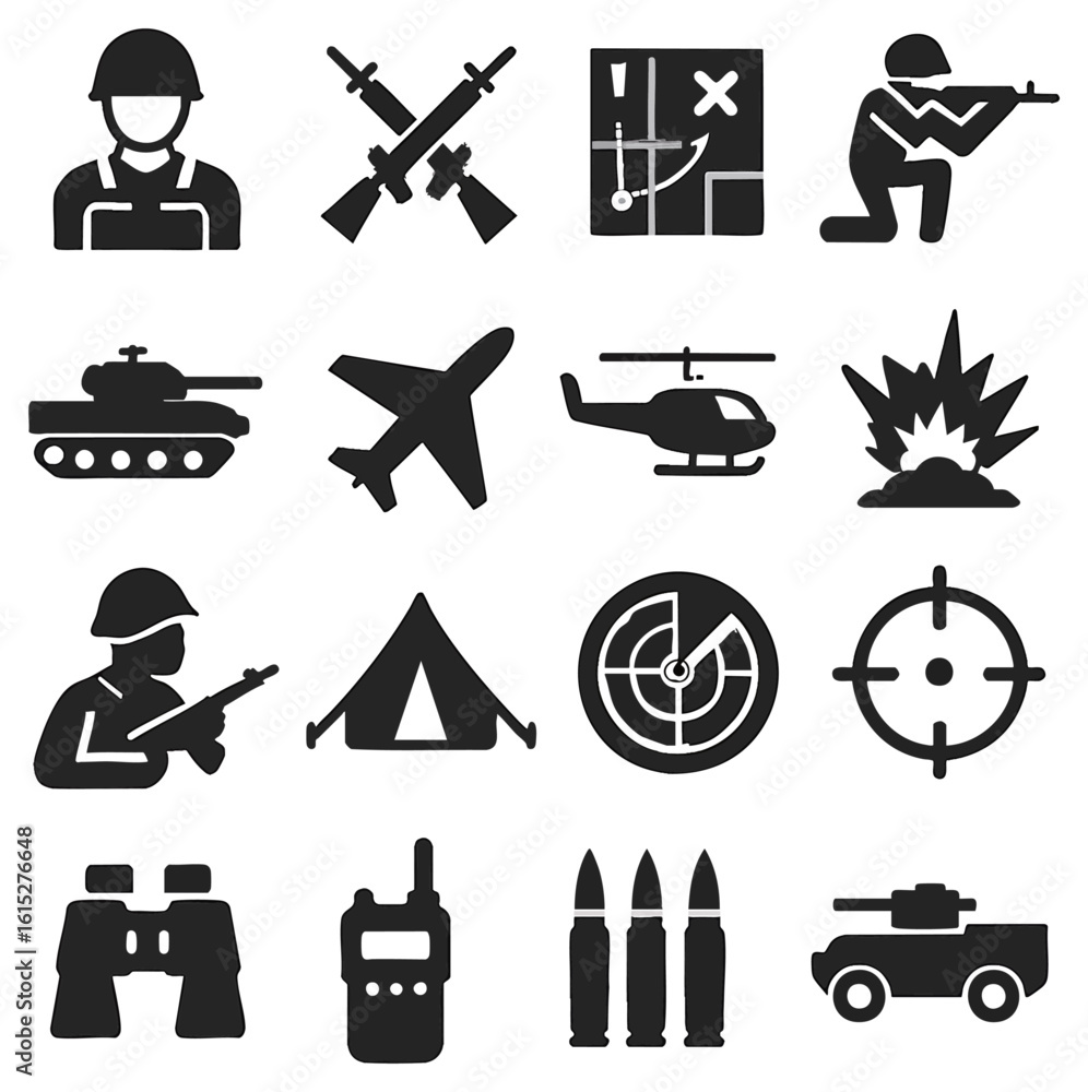 Poster a collection of military icons presents an array of symbols representing various aspects of warfare 