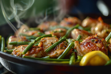 Restaurant blurred interior, Lemon Garlic Butter Chicken Thighs.