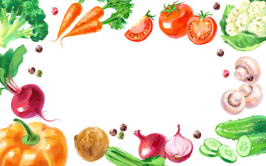 Watercolor painted spices and vegetables food product frame. Cookbook cover design, recipe book vector illustration