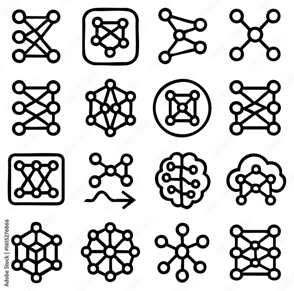 Poster a collection of network diagrams, featuring various network structures, demonstrating connectivity a