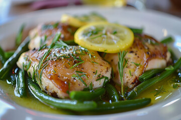 Restaurant blurred interior, Lemon Garlic Butter Chicken Thighs.