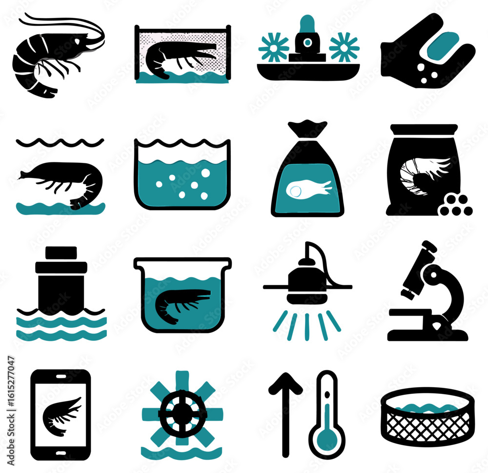Poster a collection of shrimp icons in various forms, showcasing the shrimp in different contexts with rela