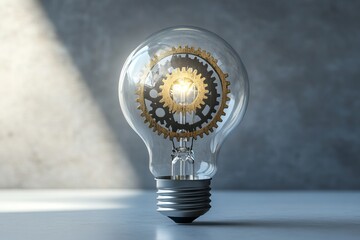 Innovative light bulb with mechanical gear system symbolizing creative engineering and technology concept