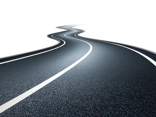 Obraz premium A smooth, winding asphalt road with clear white lane markings stretches into the distance on a white background, symbolizing a journey or path forward