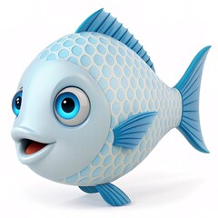 Cute 3D Cartoon Fish Character with Big Blue Eyes and Happy Expression on White Background