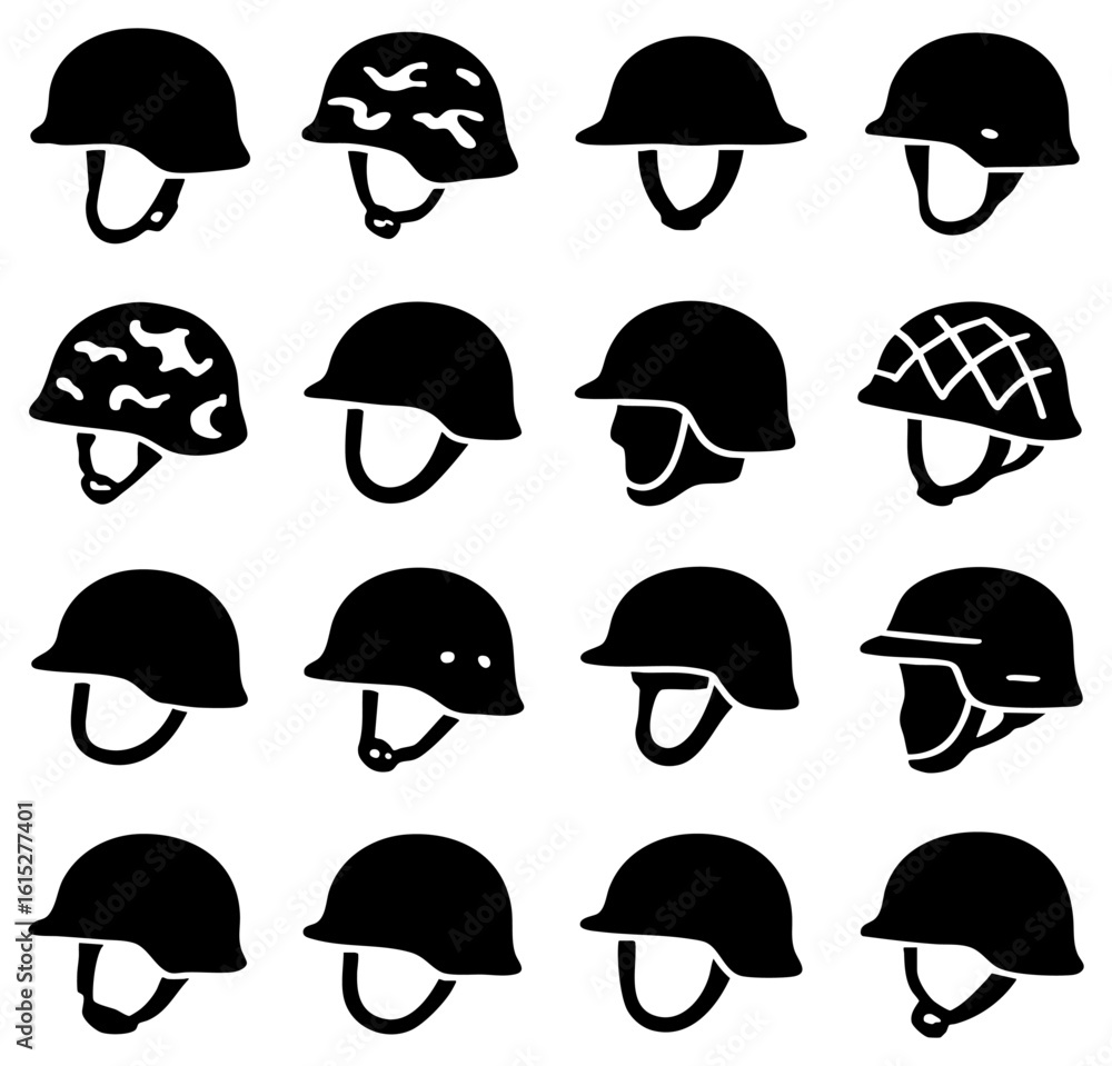 Poster a collection of stylized helmet illustrations with various design details, showcasing different patt