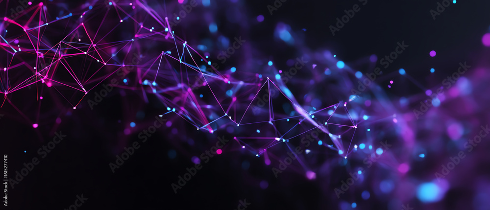 Poster abstract digital network with interconnected glowing nodes and lines in purple and blue hues on a da