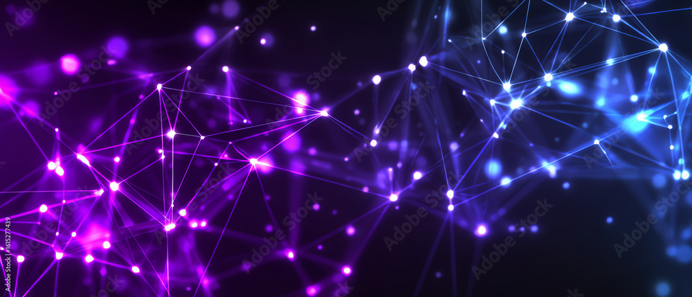 Poster abstract glowing network of interconnected purple and blue nodes and lines on a dark background, rep