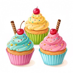 Colorful Cupcakes with Cherry Toppings - Sweet Dessert Illustration with Frosting and Sprinkles