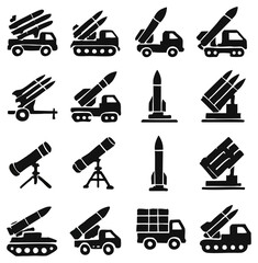 A collection of stylized missile icons and launch systems, depicting various military missile launchers, including mobile platforms and stand-alone missiles, ideal for