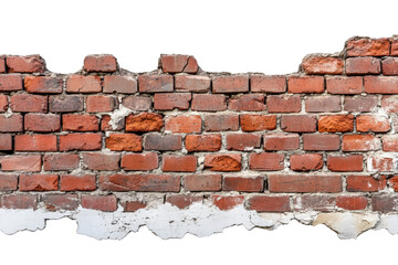 Weathered red brick wall with chipped white plaster and jagged top edge isolated on transparent background