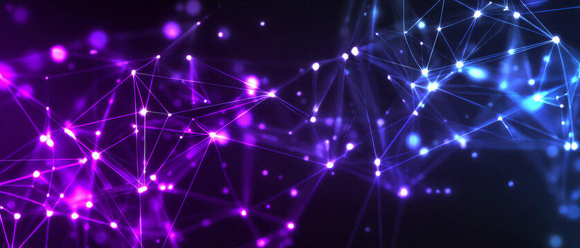 Abstract glowing network of interconnected purple and blue nodes and lines on a dark background, representing digital connections or futuristic technology concepts