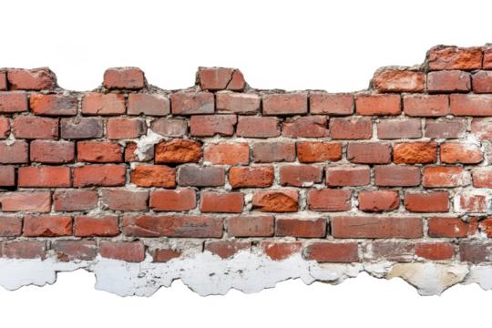 Weathered red brick wall with chipped white plaster and jagged top edge isolated on transparent background