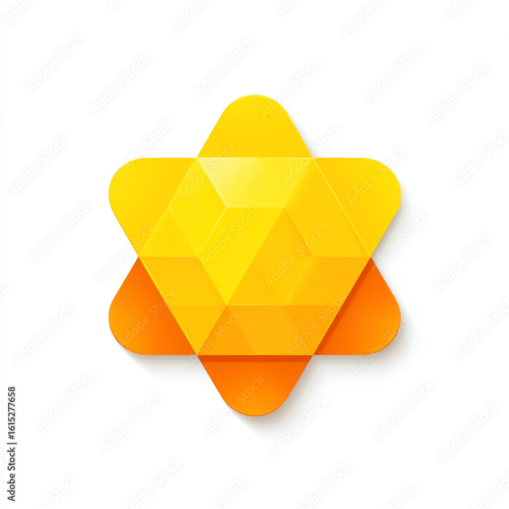 Poster a vibrant, geometric six-pointed star composed of overlapping yellow and orange translucent triangle