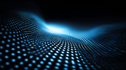 Glowing blue dots form a dynamic, wavy grid pattern on a dark background, creating a futuristic and digital abstract landscape with depth and light effects
