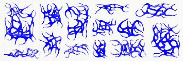 Neo-tribal graphic shape asset. Blue halftone bitmap gothic sigilism elements. Vector isolated element for sticker, poster, collage, design template