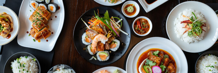 Top view of a table filled with an assortment of Asian food plates, beautifully arranged with no people present, highlighting vibrant and diverse dishes.