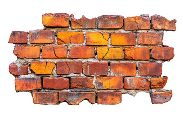 Weathered red brick wall section with cracks and missing pieces isolated on transparent background