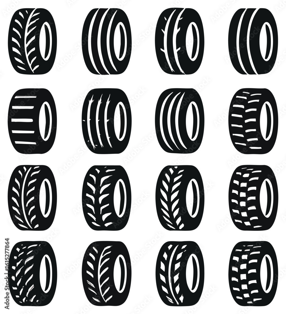Poster a collection of various tire tread patterns are displayed in this graphic, showcasing diverse design