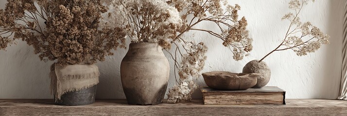 Neutral toned room vignette with worn surfaces dried florals and raw materials