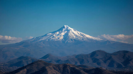 Fototapeta premium Snow-capped mountain peak stands tall above rolling hills under a clear blue sky, showcasing a stunning natural landscape with layered terrain and soft cloud formations