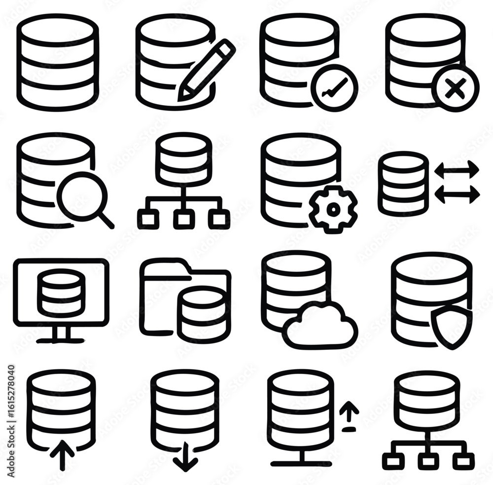 Poster a comprehensive collection of database icons in outline style, perfect for illustrating database con