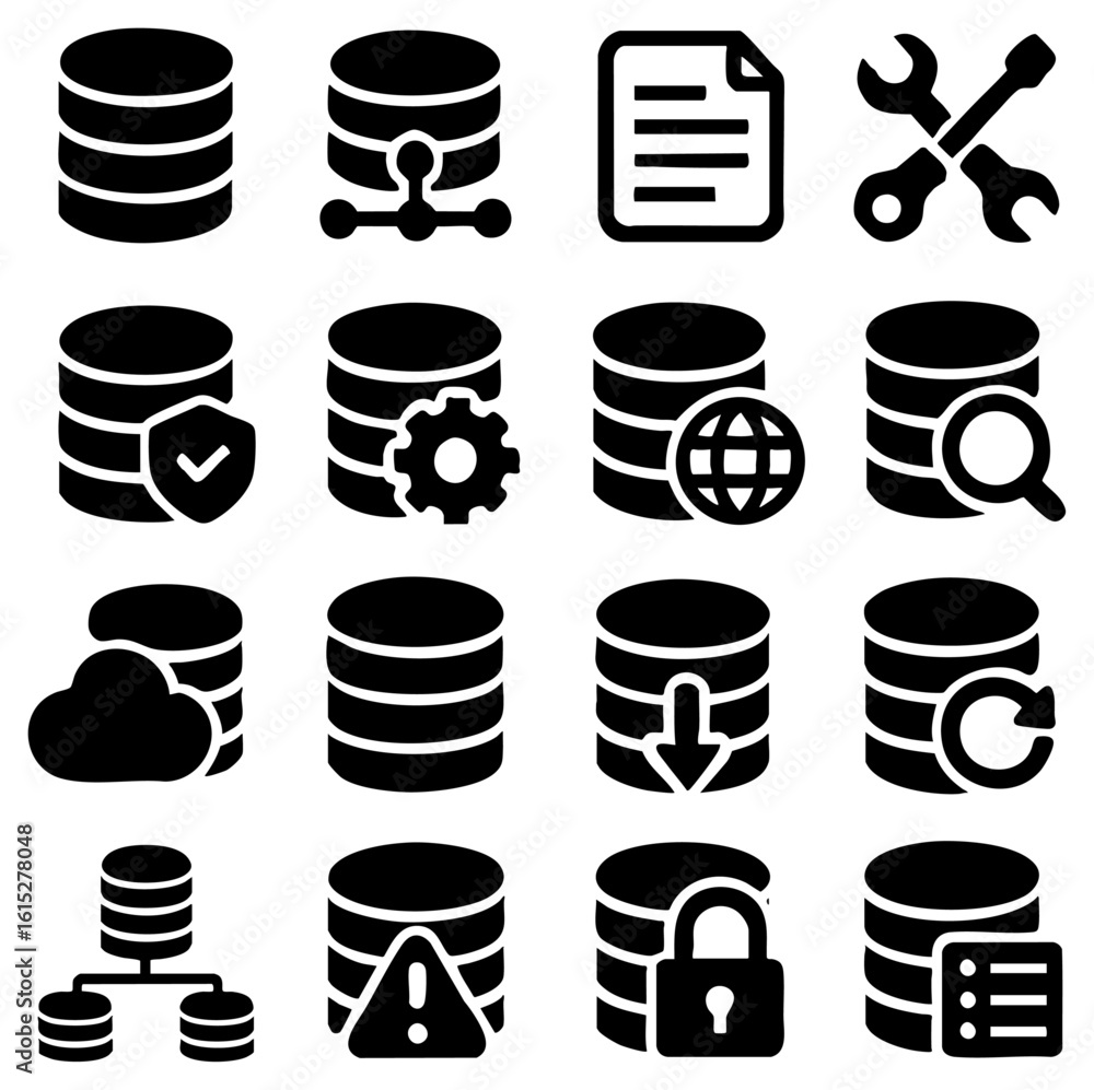 Poster a comprehensive collection of database icons, illustrating various concepts such as cloud storage, s