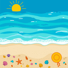 Vibrant Summer Beach Landscape Illustration with Ocean Waves, Sandy Shore, Sun, Seashells, and Sun Hat