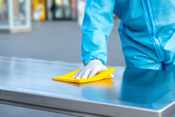 A person in protective gear and gloves cleans a stainless steel surface with a yellow cloth, emphasizing hygiene and sanitation in a controlled environment