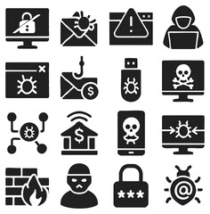 A comprehensive set of cyber security icons depicting digital threats, including malware, phishing, hacking, and data breaches. the collection provides a visual representation of