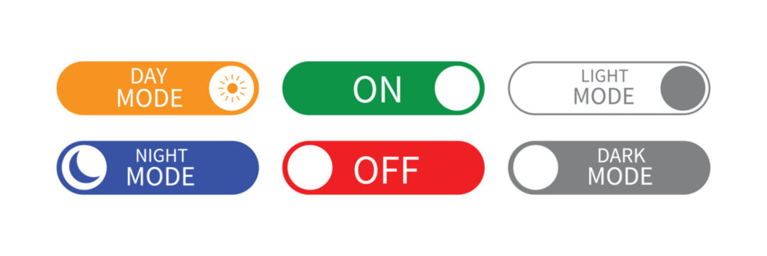Toggle switch buttons for on off light dark mode and day night mode suitable for mobile apps and web interfaces.