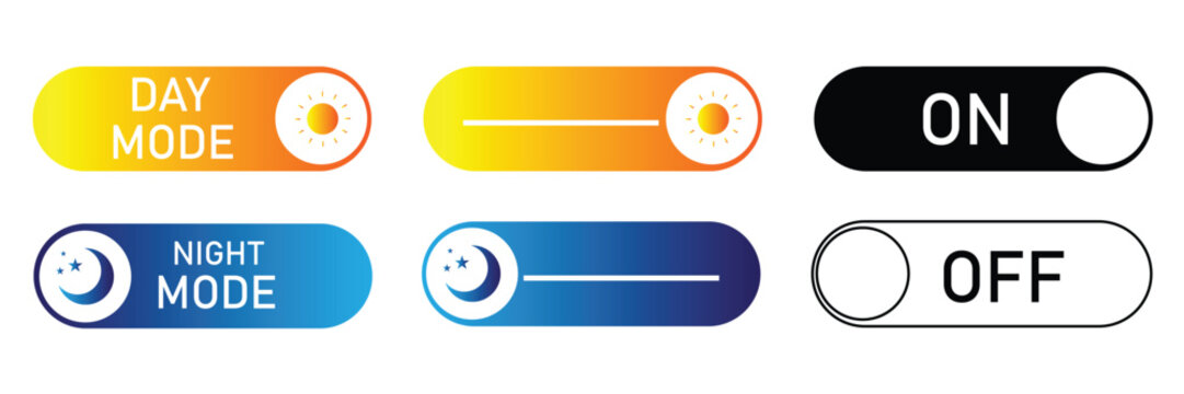 Toggle switch buttons for on off light dark mode and day night mode suitable for mobile apps and web interfaces.