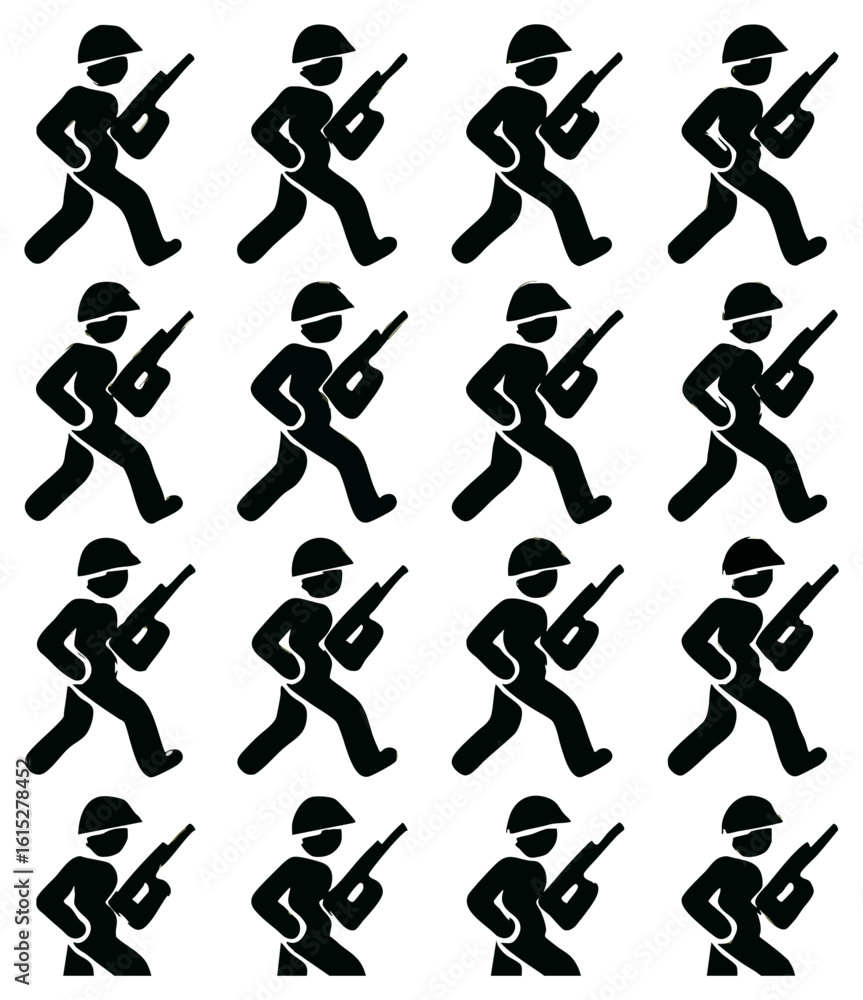 Poster a repeating pattern of stylized soldiers marching with rifles, presented in a grid formation, symbol