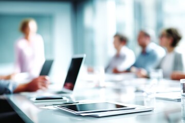Blurred image of professionals in a meeting room with laptops and tablets on the table