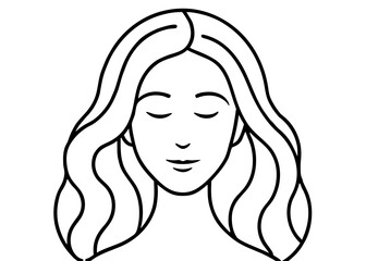A continuous line drawing of a serene female face with closed eyes and long wavy hair. Minimalist black and white vector icon for beauty and wellness.