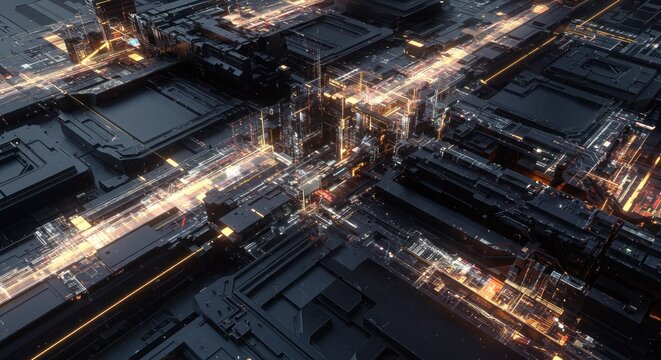 Abstract aerial view of a futuristic dark city with glowing roads