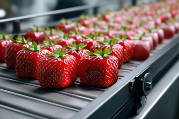 Square strawberries roll in rows on a metallic conveyor belt, showcasing a unique and intriguing twist in fruit processing and presentation