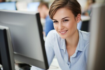 A smiling woman in a light blue shirt sits at a desk, engaged with her work on a computer