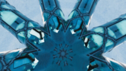 Blue abstract kaleidoscope pattern with geometric crystal shapes forming a radial design, futuristic decorative texture background.