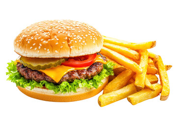 Delicious cheeseburger with fresh lettuce tomato pickle and golden french fries isolated on transparent background