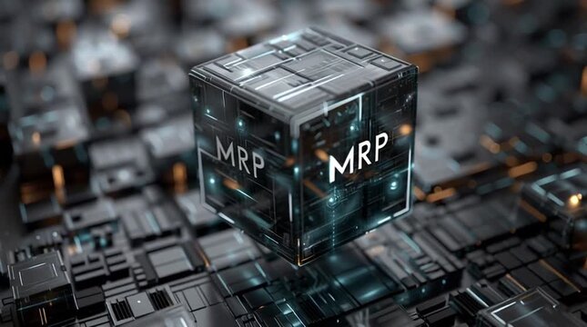 MRP. Material Requirements Planning. A futuristic glass cube labeled "MRP" floating above a digital, high-tech circuit board background.