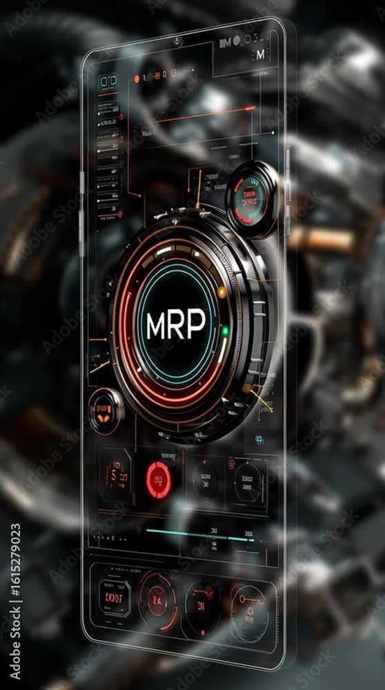 Poster mrp. material requirements planning. a futuristic digital interface display with the bold letters 