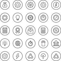 A clean minimalist grid featuring 30 distinct circular icons presented in a striking silhouette style perfect for modern digital interfaces and branding applications
