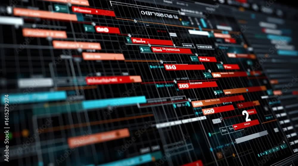 Poster mrp. material requirements planning. a digital interface displays the term mrp with complex scheduli