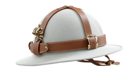 Off-white safari helmet with tan leather straps (1)