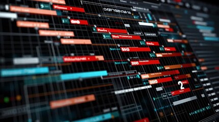 MRP. Material Requirements Planning. A digital interface displays the term MRP with complex scheduling and planning charts on a futuristic screen.