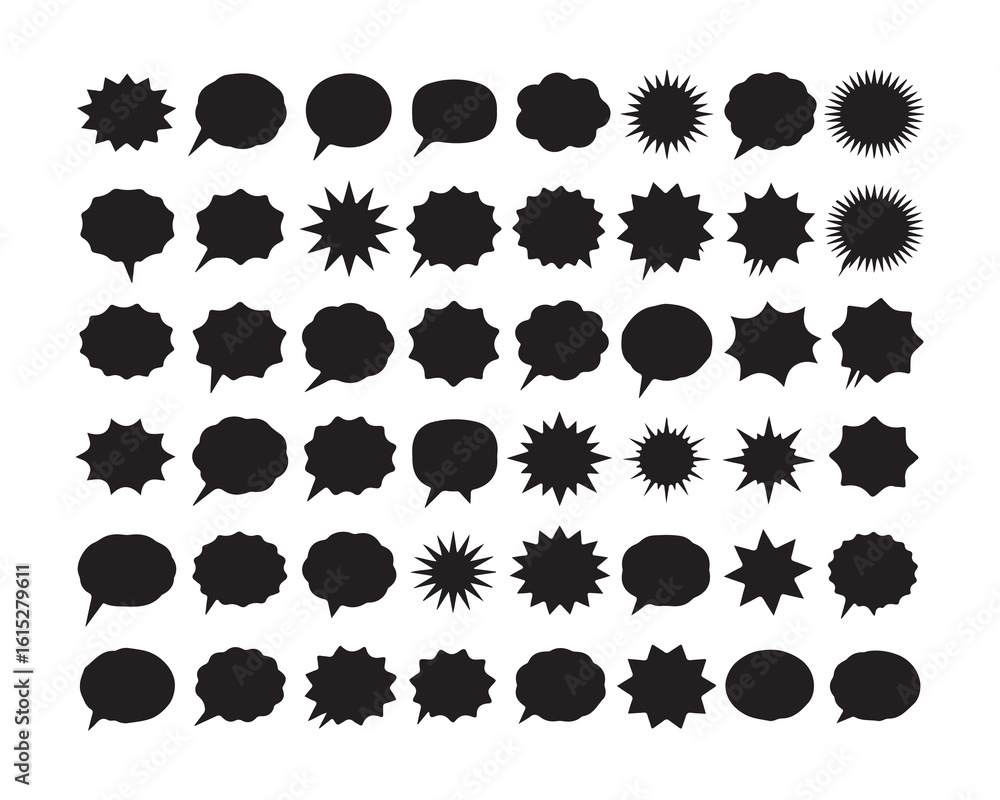 Poster a collection of various black speech bubbles and starburst shapes arranged in rows on a white backgr