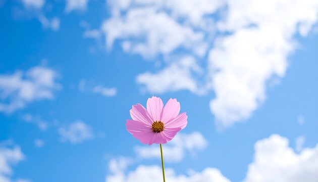 A single pink cosmos flower against a vibrant blue sky filled with fluffy clouds