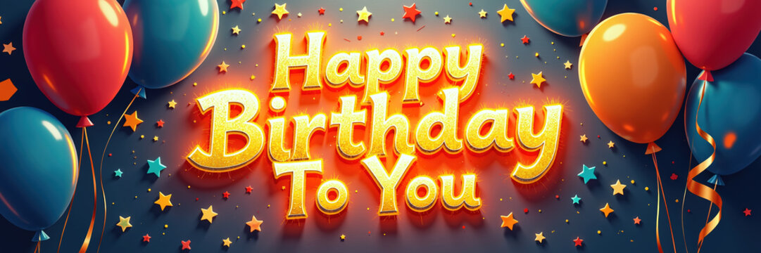 Glittery gold text reads Happy Birthday To You amidst vibrant balloons, stars, and confetti on a dark blue background, evoking celebration and joy.