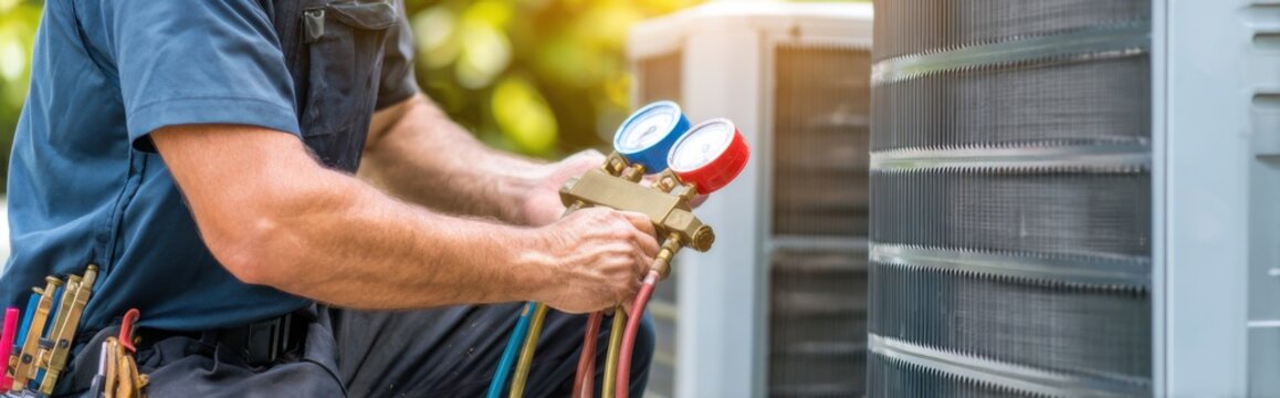 Technician servicing air conditioning unit during daytime at residential location